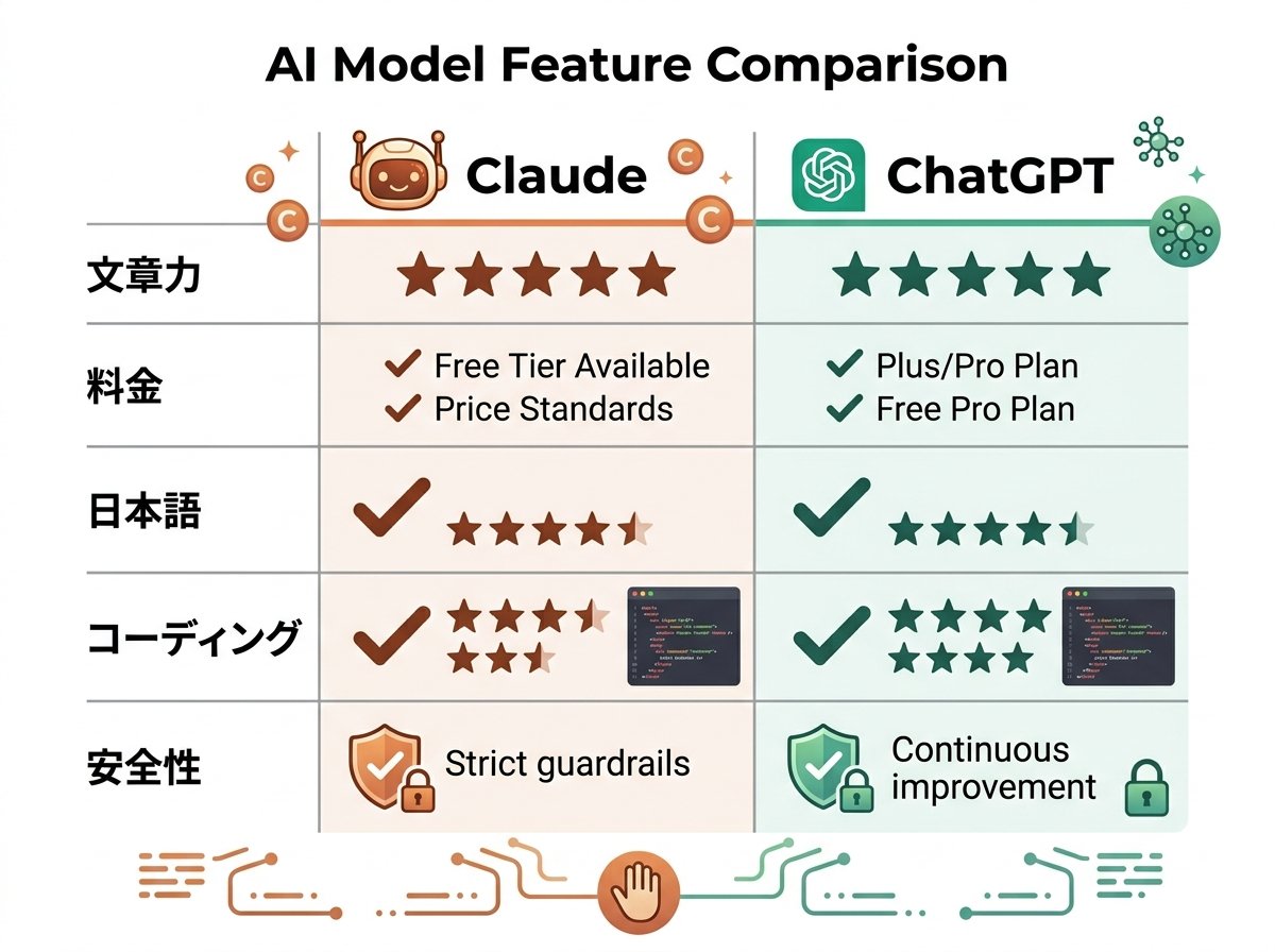 Claude vs ChatGPT機能比較図解