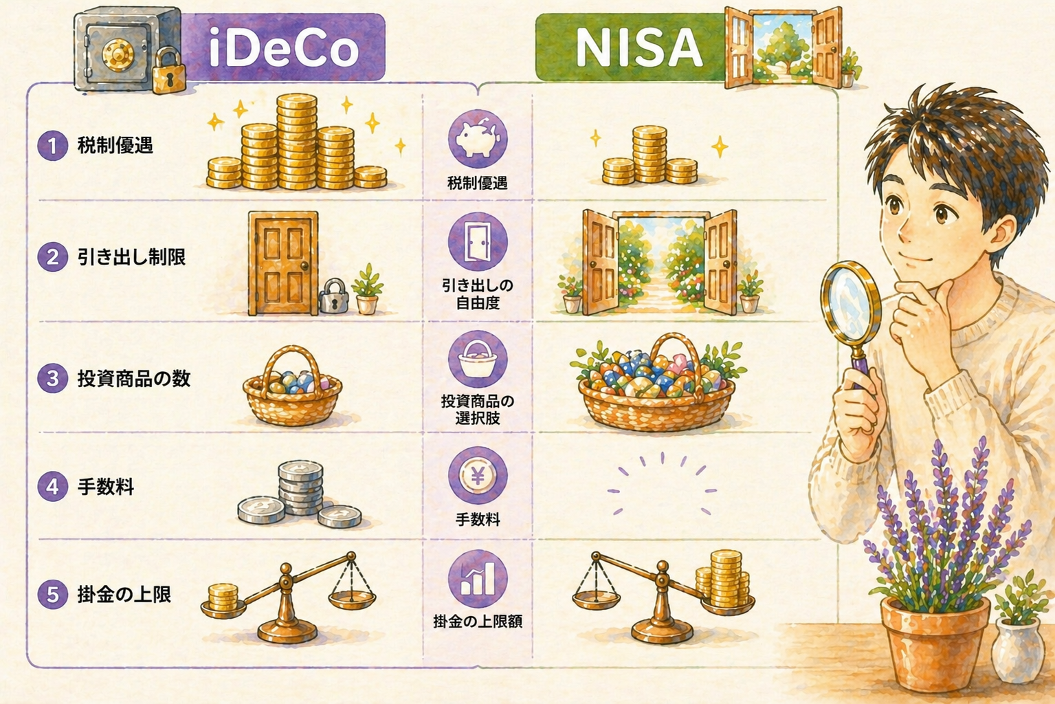 iDeCoとNISAの決定的な違い5つ｜節税・引き出し自由度・運用商品・手数料・拠出限度額