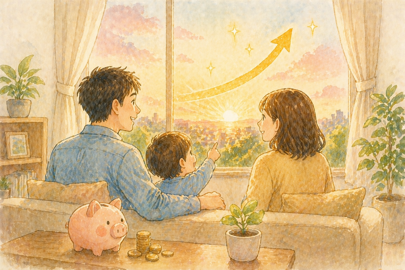 家族で資産形成の明るい未来を展望するイメージ