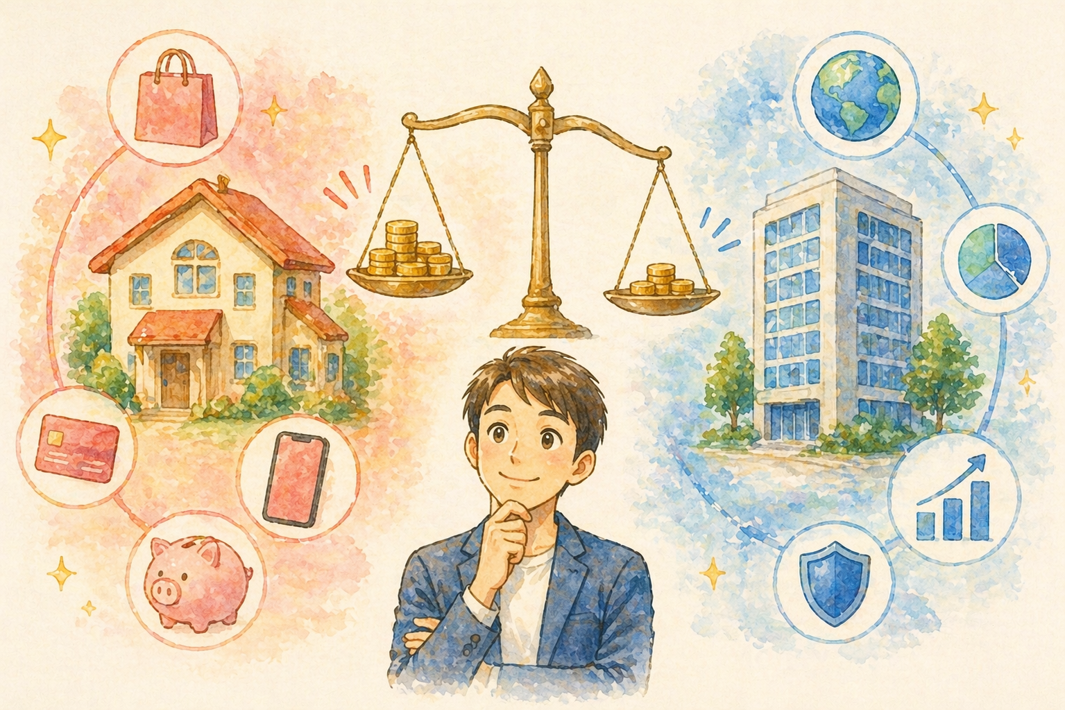 楽天経済圏とSBI経済圏を比較する天秤のイラスト