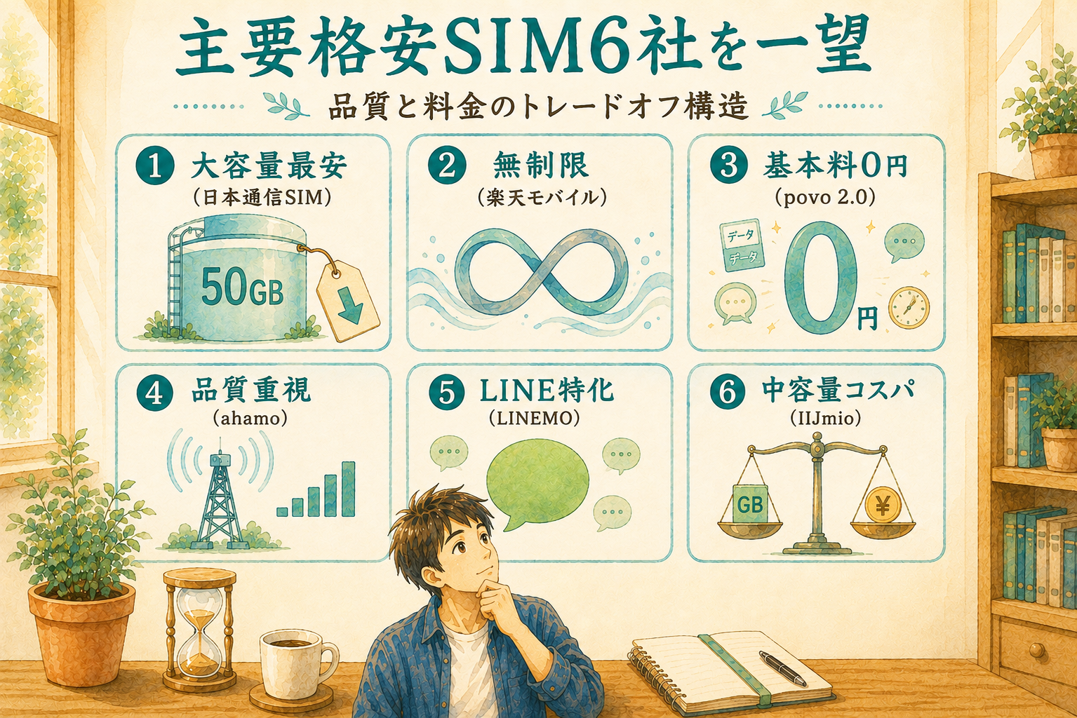 主要格安SIM6社を一望・日本通信SIM・楽天モバイル・povo・ahamo・LINEMO・IIJmio比較