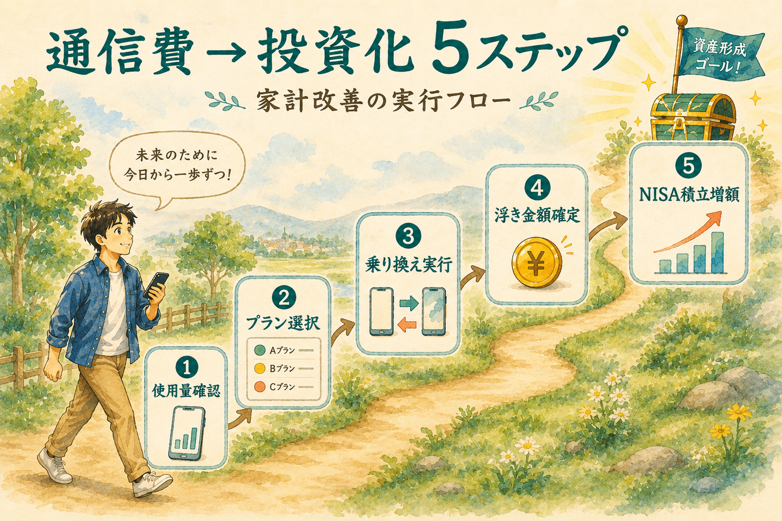 通信費から投資化の5ステップロードマップ・家計改善実行フロー