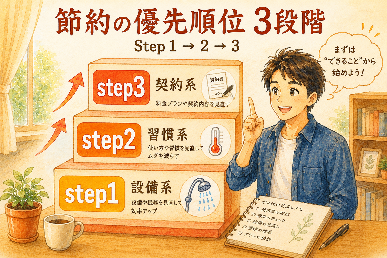 ガス代節約の優先順位3段階|Step 1→2→3