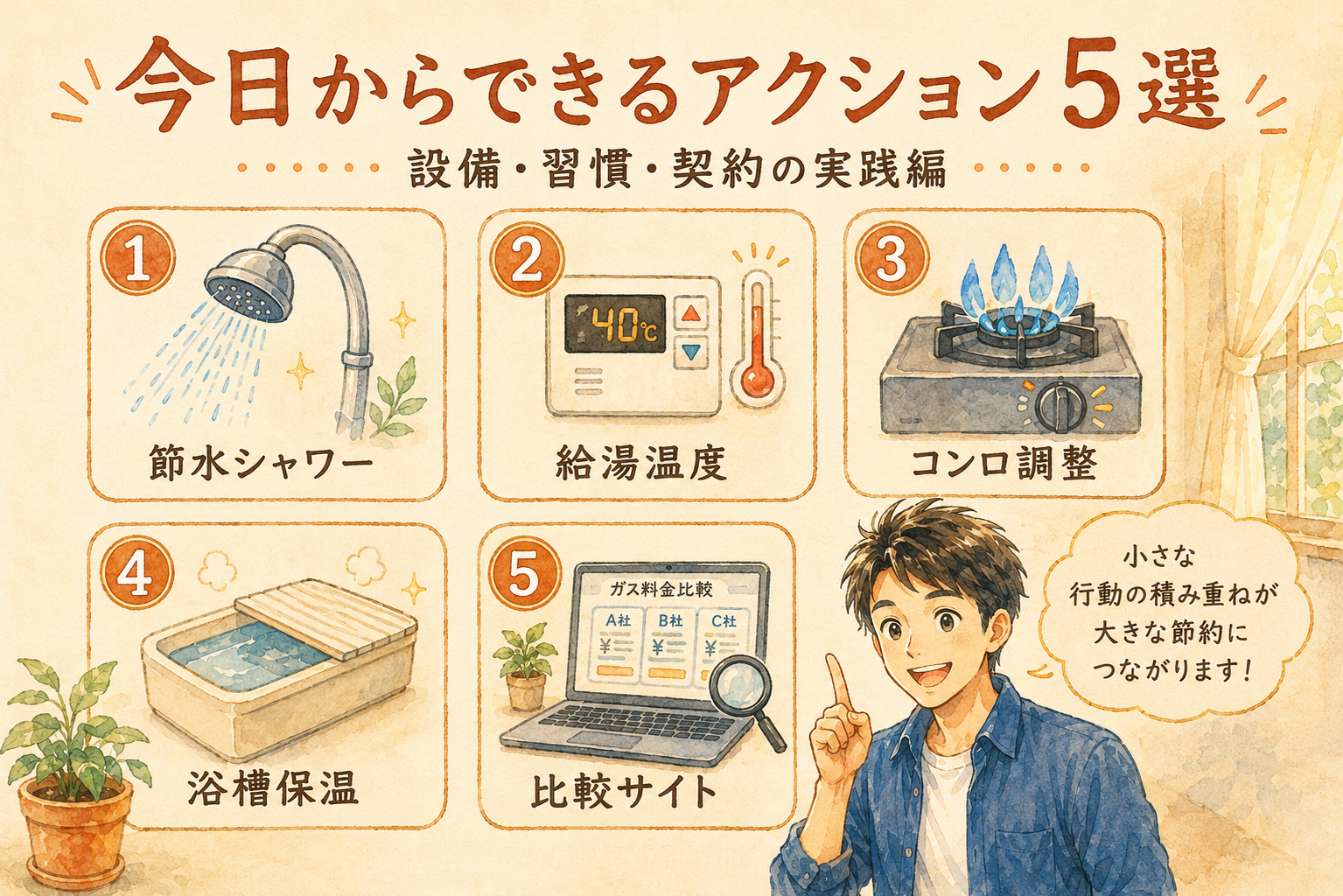 今日からできるガス代節約アクション5選|設備・習慣・契約の実践編