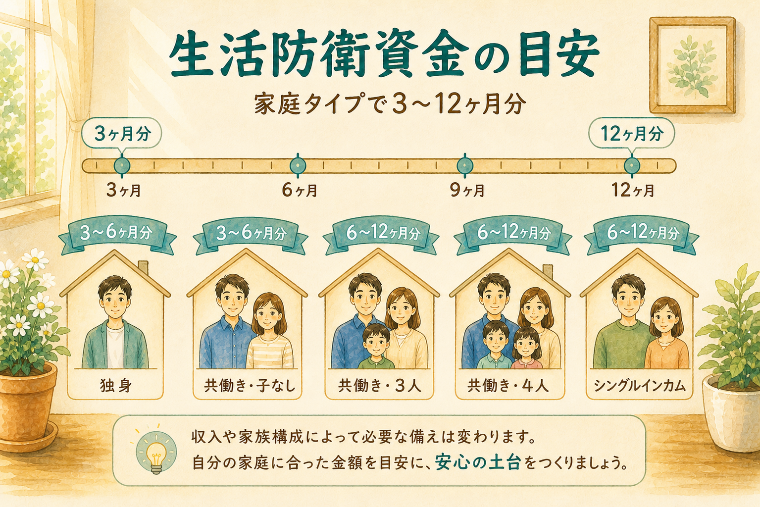 家庭タイプ別の生活防衛資金目安は3〜12ヶ月分