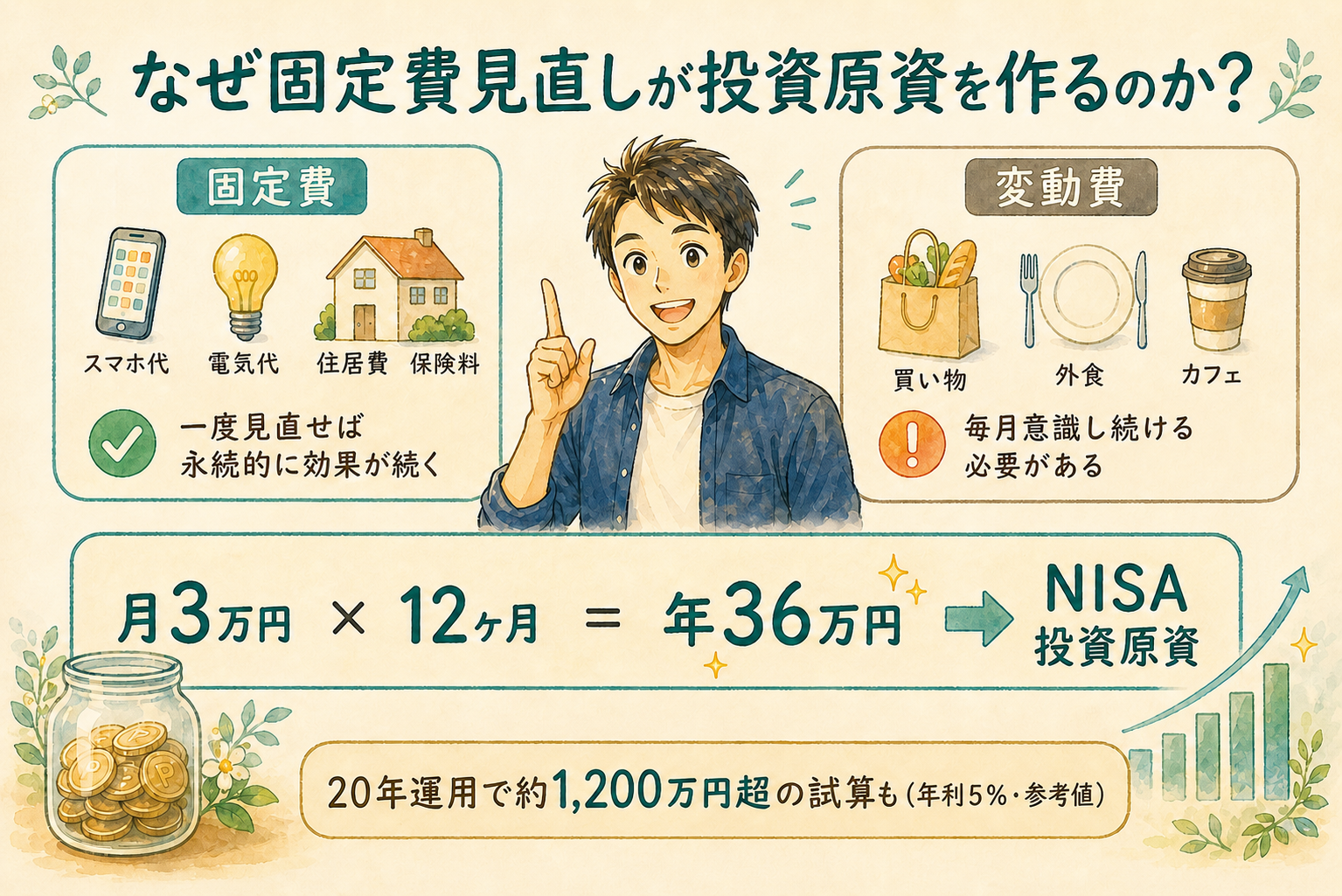 固定費見直しが投資原資を作る理由を説明する図