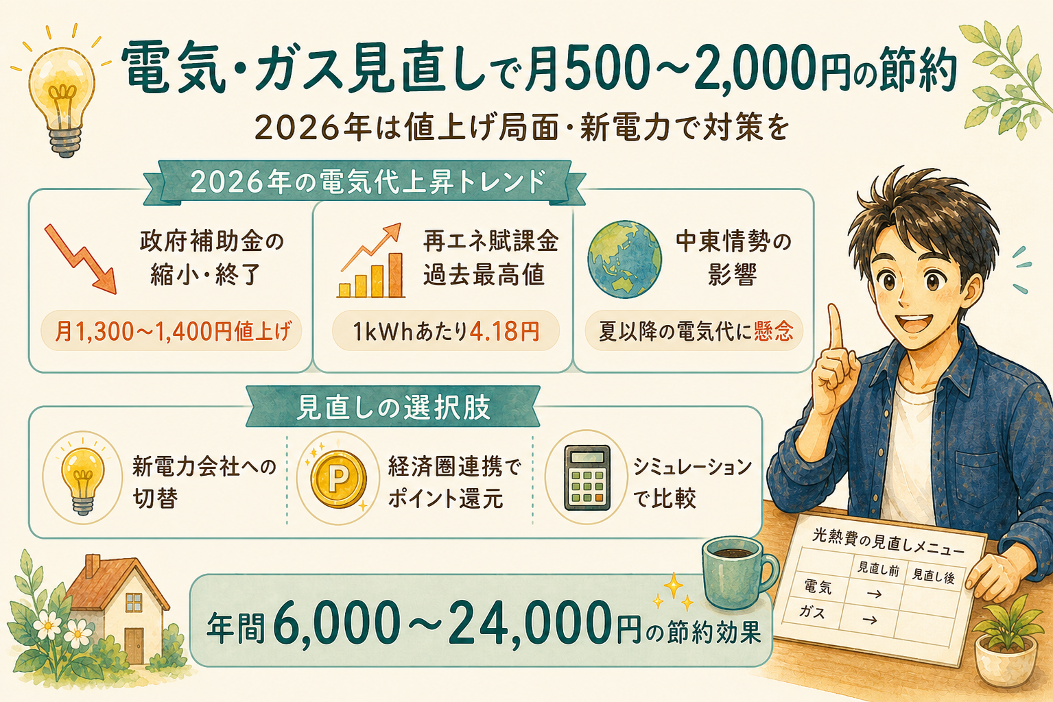 電気・ガス見直しで月500〜2,000円の節約を解説する図