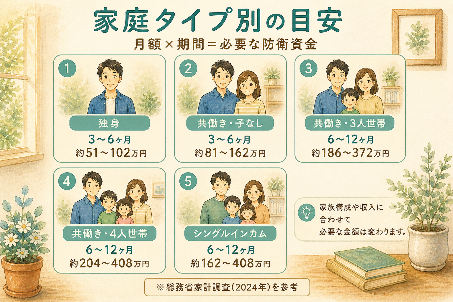 5つの家庭タイプ別の生活防衛資金目安額一覧