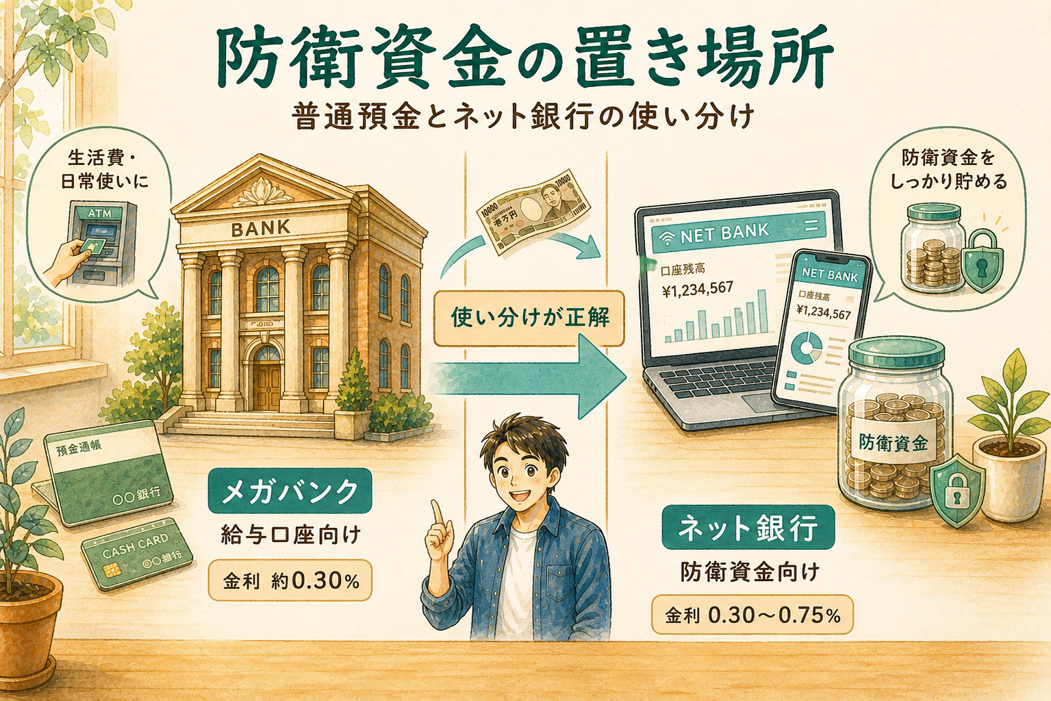 生活防衛資金の置き場所はメガバンクとネット銀行の使い分けが基本