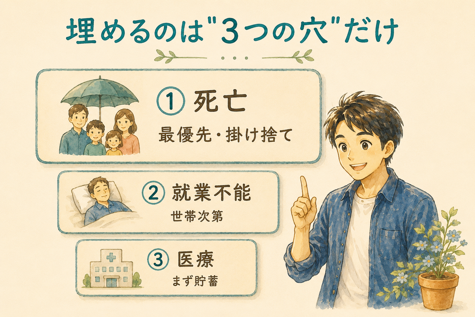 民間保険で埋めるべき3つの穴|死亡・就業不能・医療の優先順位