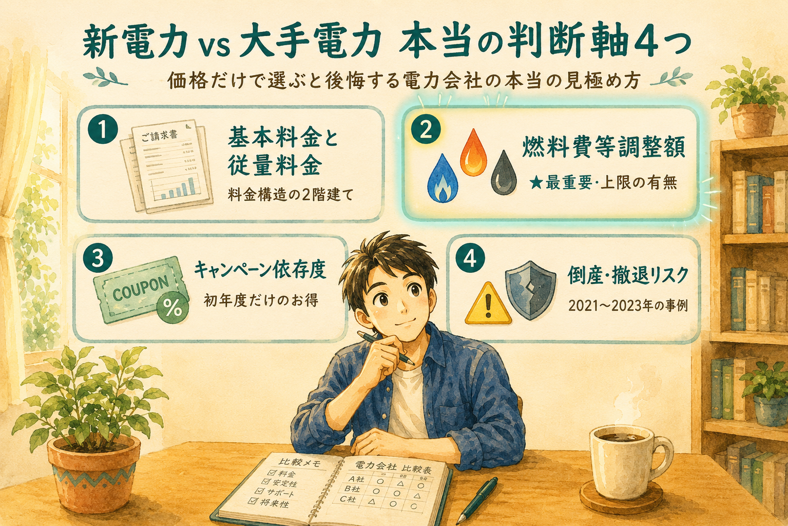 新電力と大手電力の判断軸4つを整理したインフォグラフィック