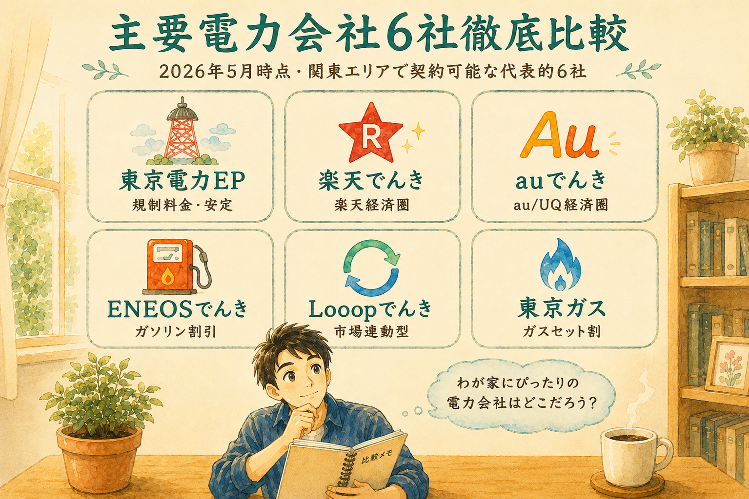 主要電力会社6社の比較を示すインフォグラフィック(2026年5月時点)