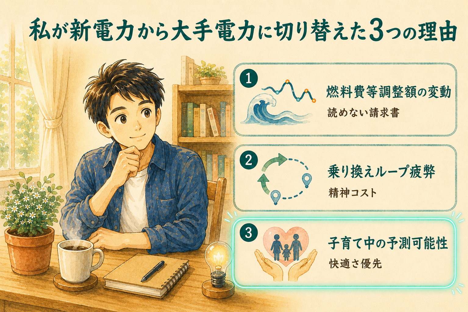 新電力から大手電力へ切り替えた3つの理由を示す実体験ストーリー画像