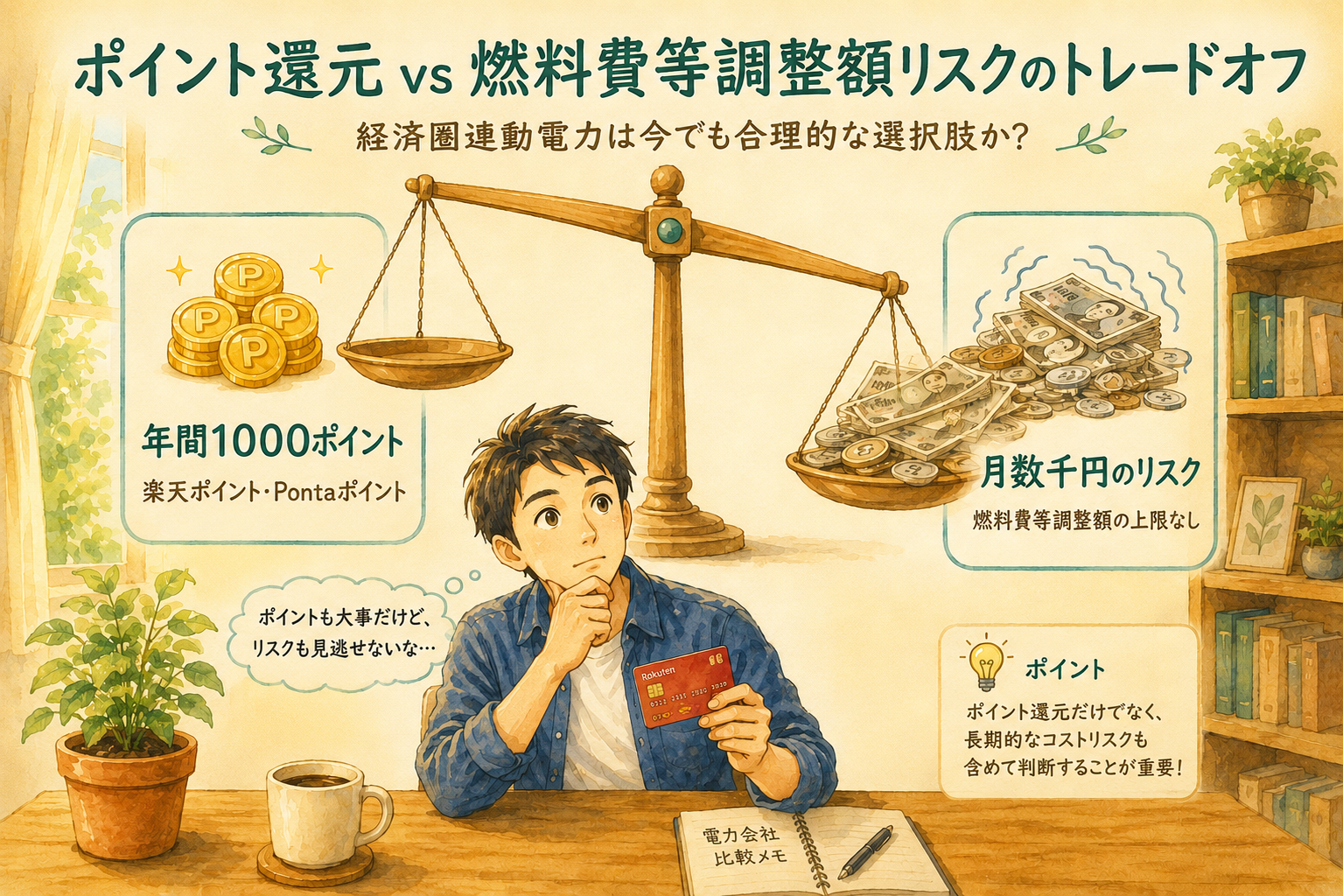 経済圏連動電力のポイント還元と燃料費等調整額リスクのトレードオフを示す天秤の画像
