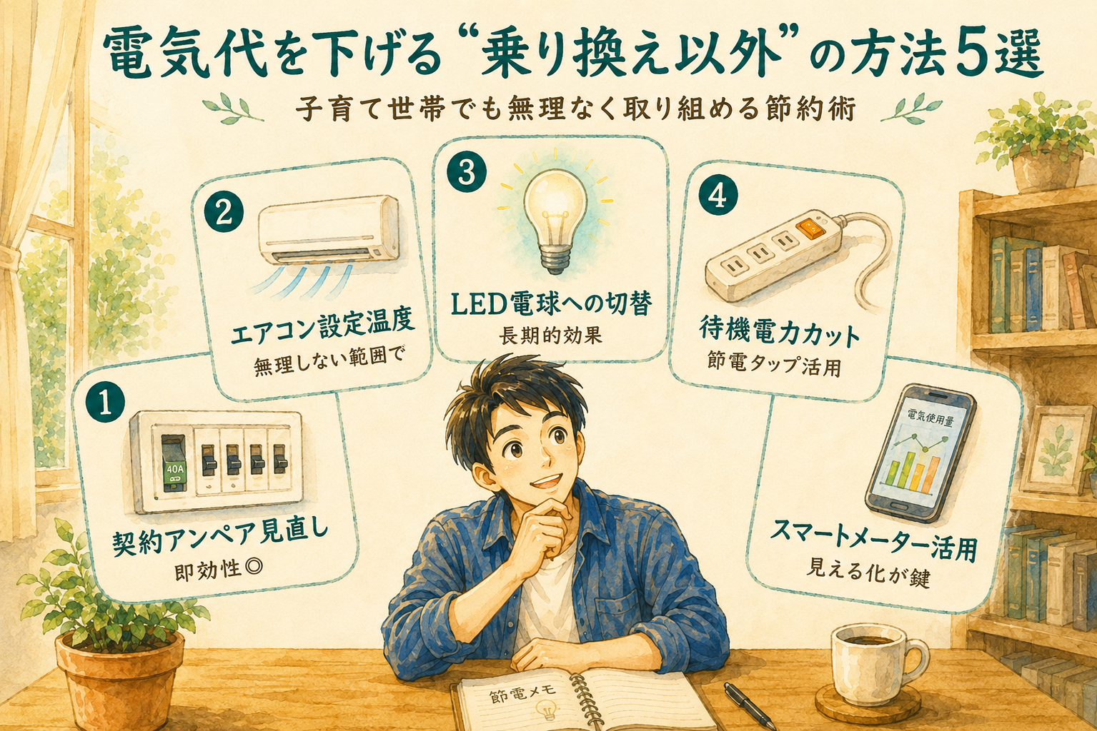 電気代を下げる乗り換え以外の方法5選を整理したインフォグラフィック