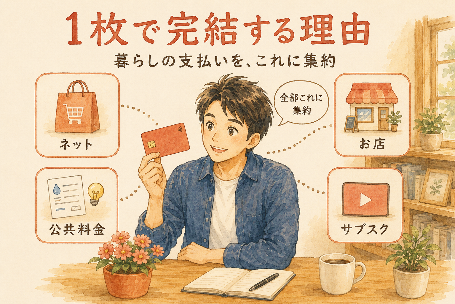 暮らしの支払いを1枚に集約する図解。ネット・お店・公共料金・サブスク