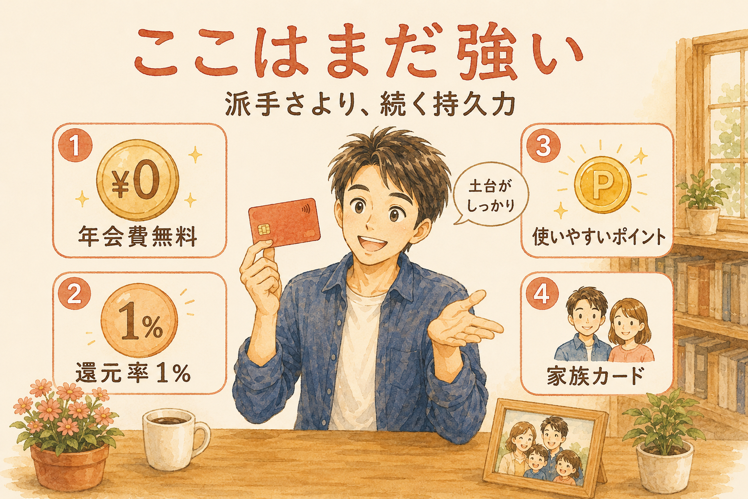 楽天カードの4つの強み。年会費無料・還元率1%・使いやすいポイント・家族カード