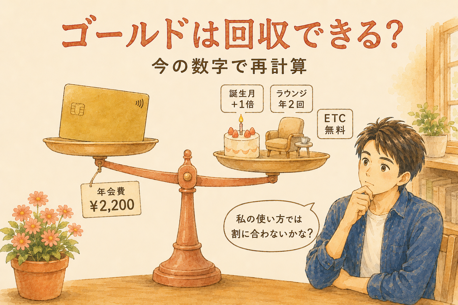 ゴールドカードの年会費2,200円と特典を天秤にかけ、回収できるか再計算する図解