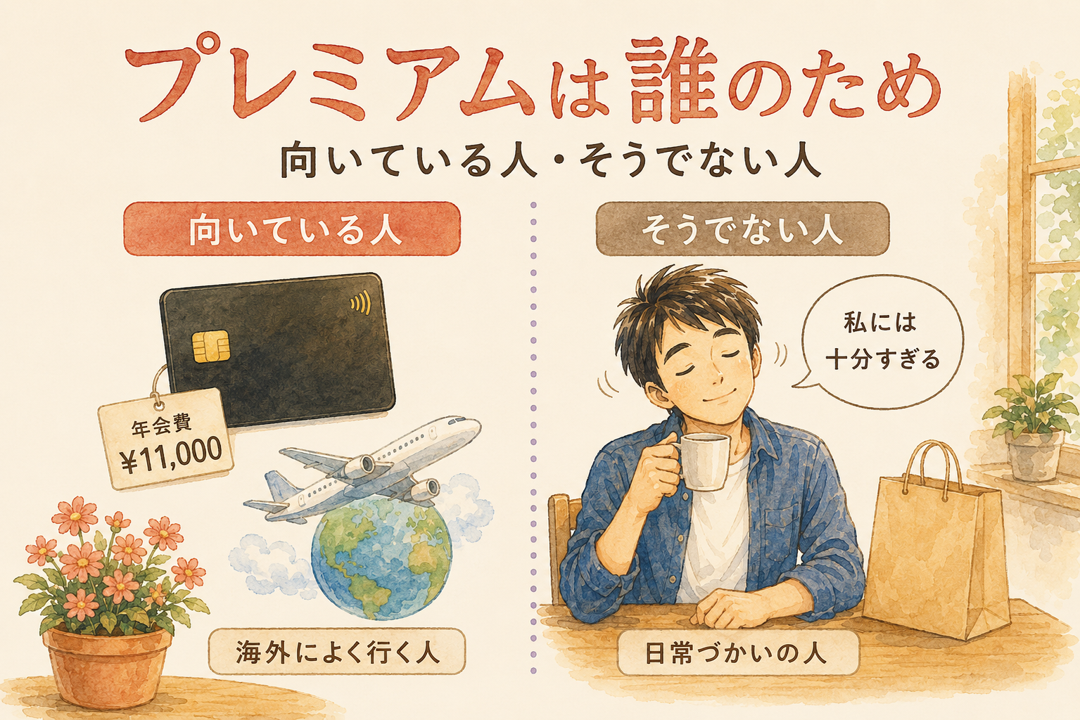 プレミアムカードは海外によく行く人向け、日常づかいの人には通常カードで十分という比較図