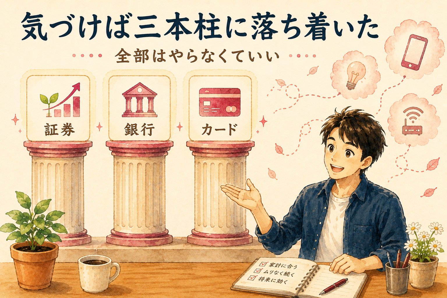気づけば三本柱に落ち着いたことを示すイラスト