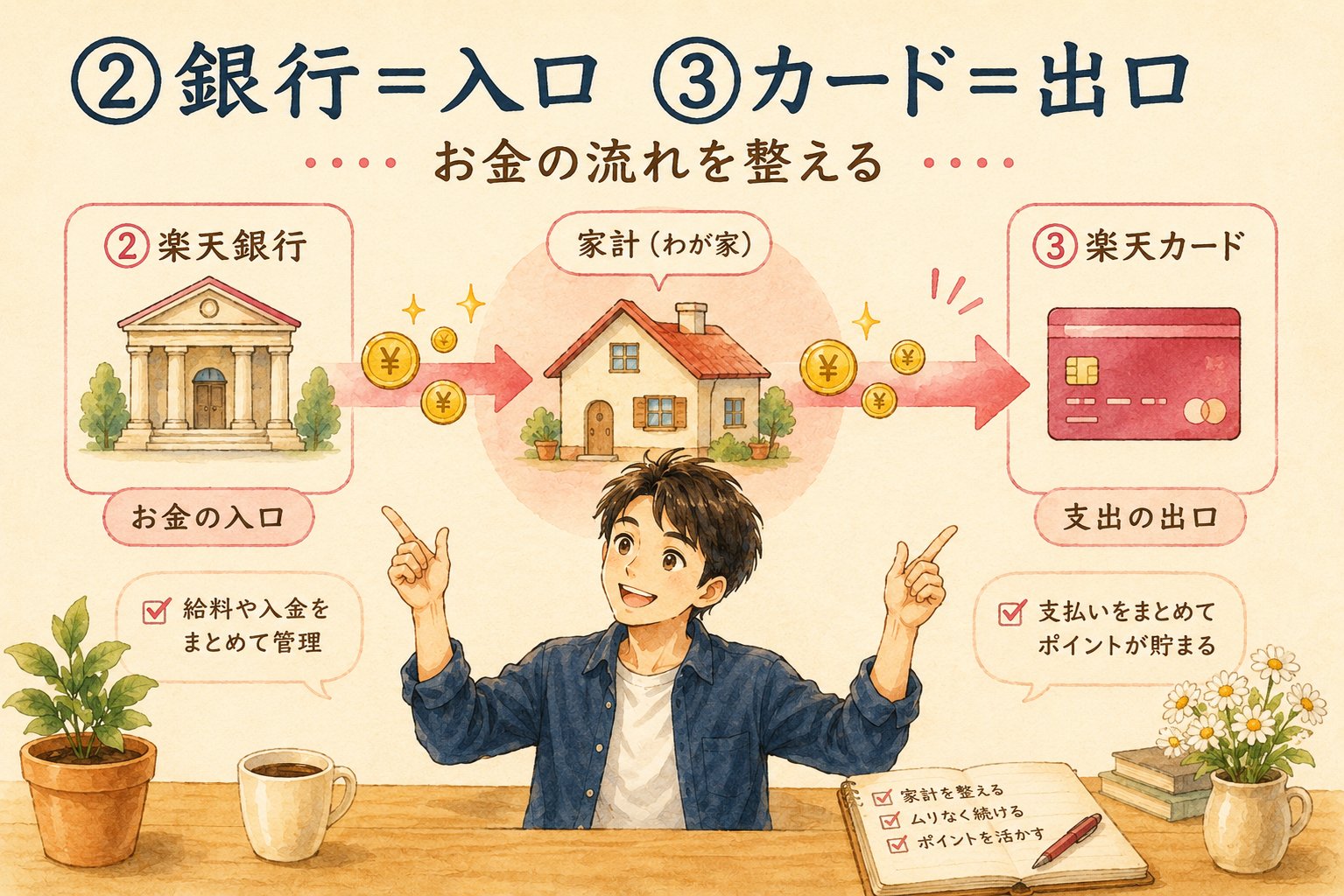 楽天銀行が入口・楽天カードが出口というお金の流れのイラスト