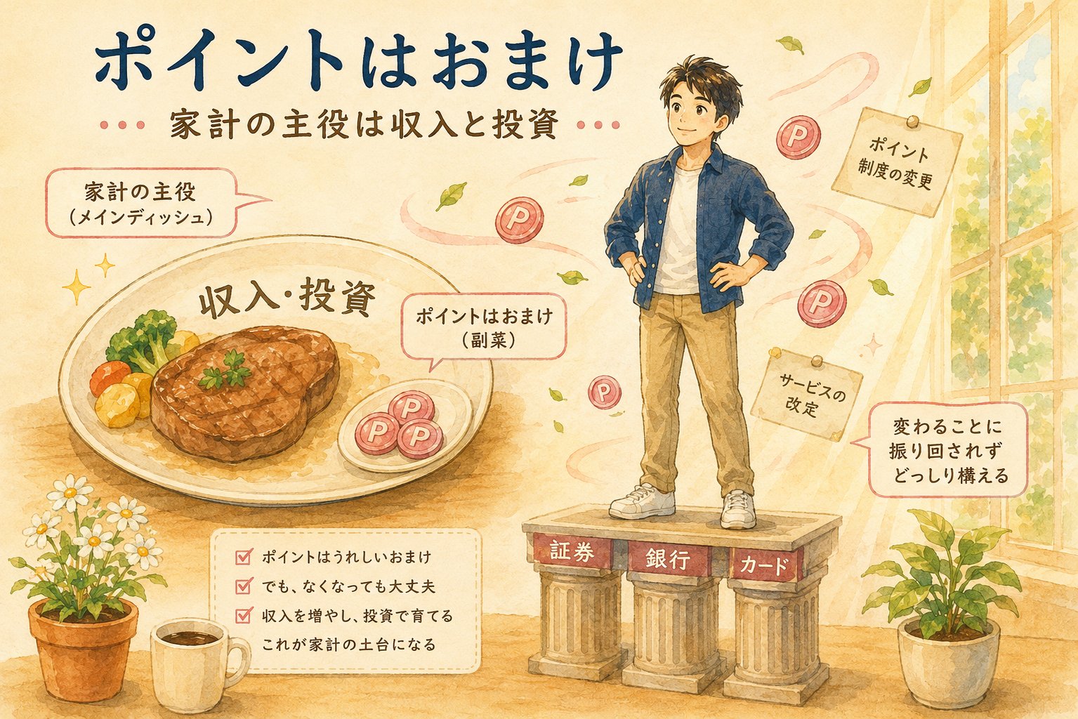 ポイントはおまけ・家計の主役は収入と投資であることを示すイラスト