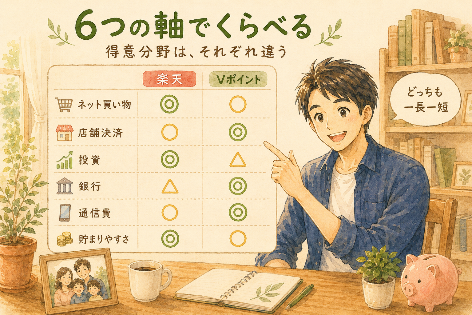楽天とVポイントを6つの軸で比較した図