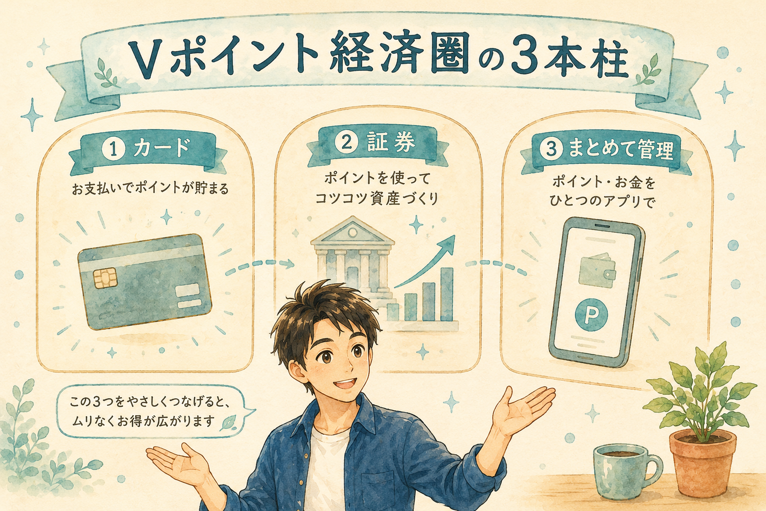 Vポイント経済圏の3本柱を示すイラスト