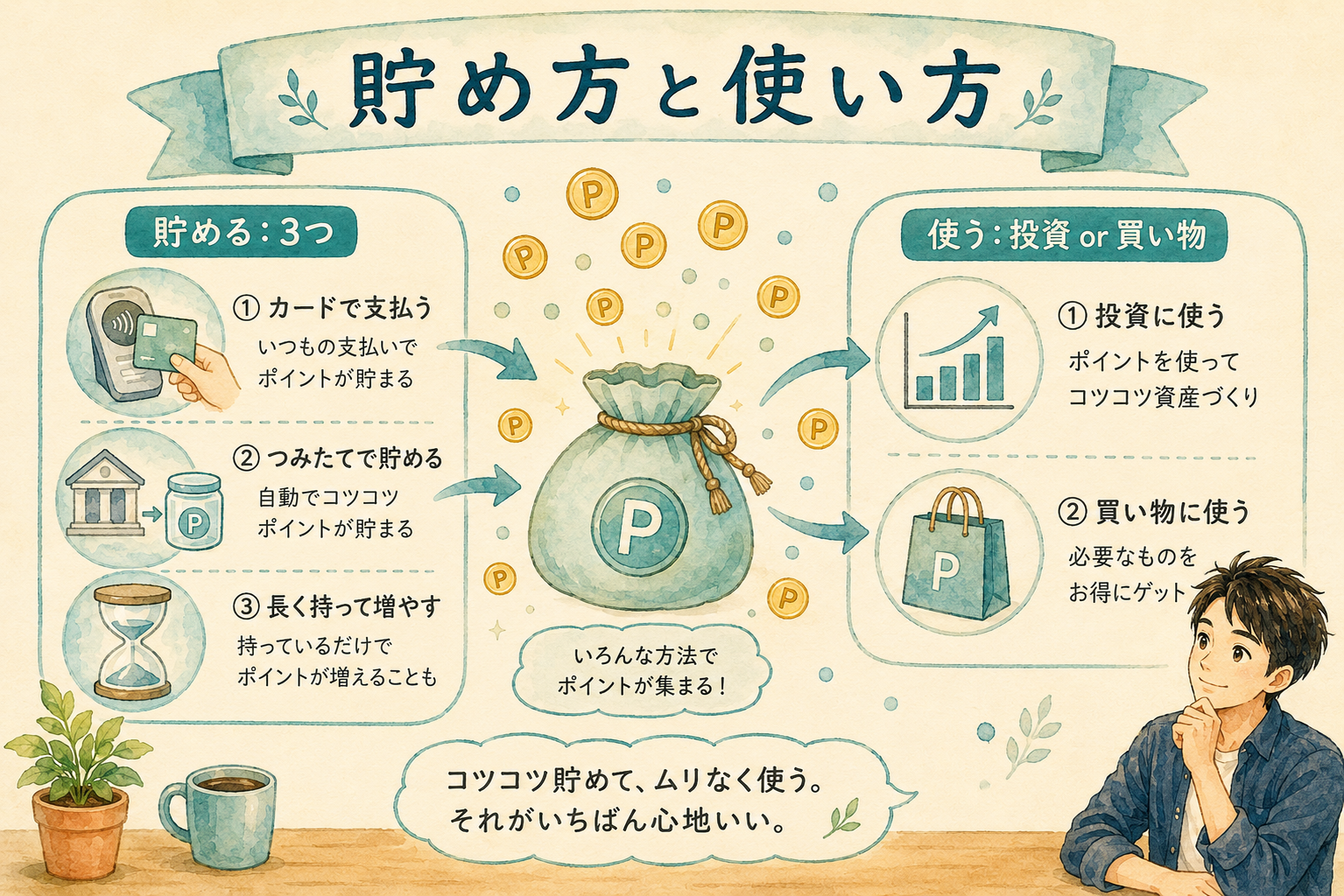 Vポイントの貯め方と使い方を示すイラスト