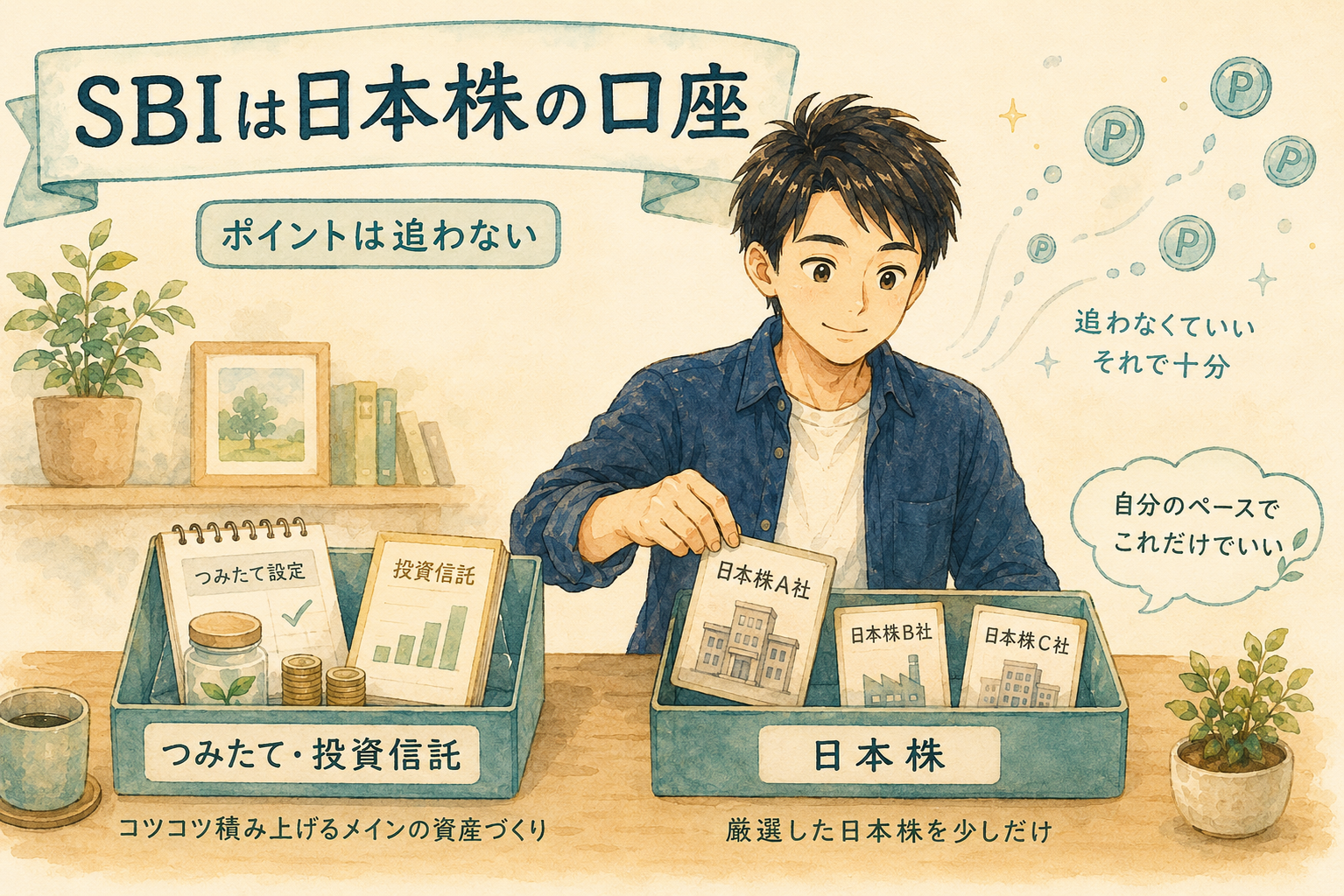 SBI証券を日本株の口座として使う様子のイラスト