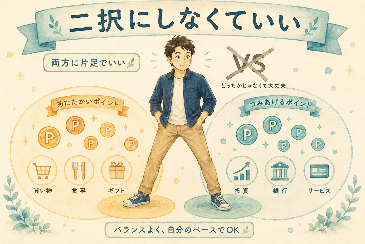 楽天とVポイントを二択にしないという考え方のイラスト