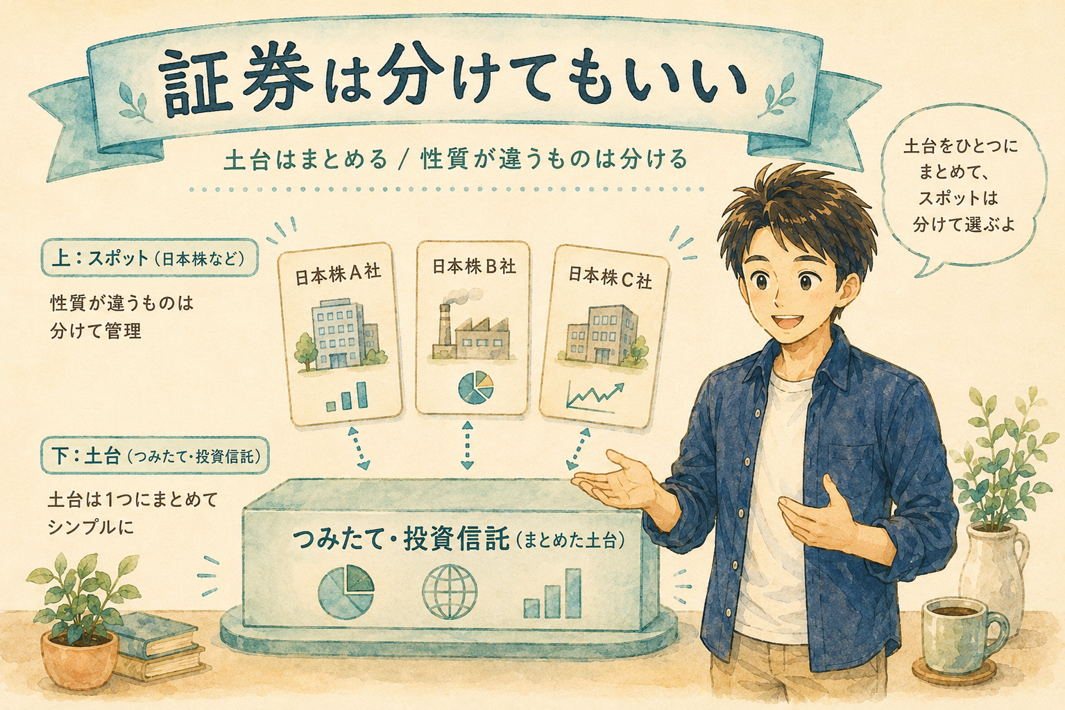 証券口座を目的で使い分けるという考え方のイラスト