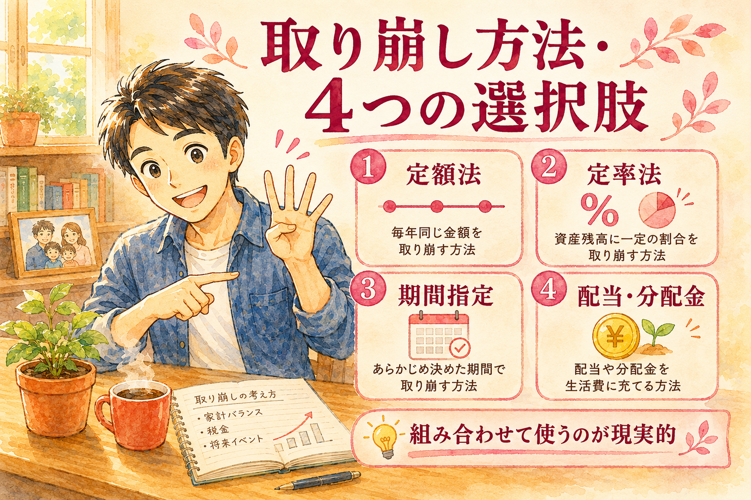 取り崩し方法の4つの選択肢（定額・定率・期間・配当）
