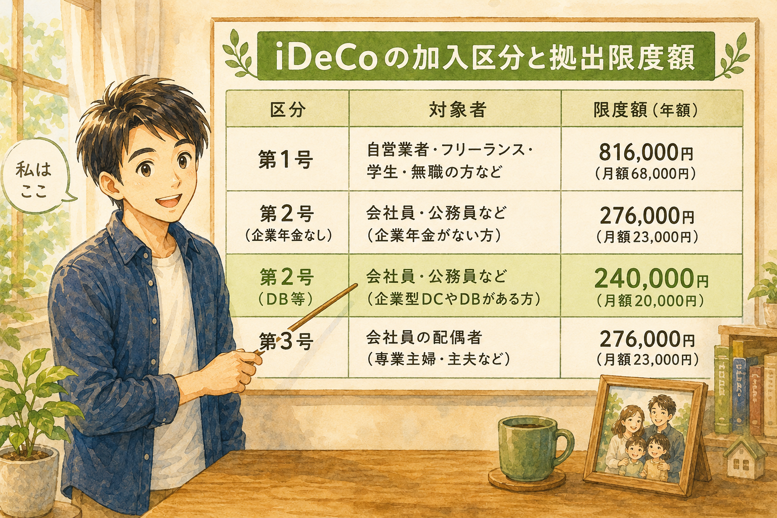 iDeCo加入者区分マトリクスを指差すパパ