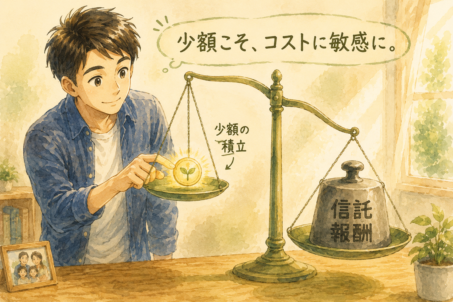 少額積立と信託報酬の重みを表す天秤