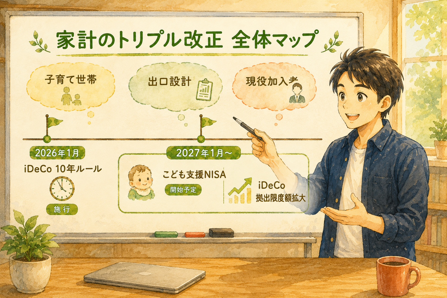 家計のトリプル改正 全体マップ — 2026年1月のiDeCo 10年ルール、2027年1月のこども支援NISAとiDeCo拠出限度額拡大を時系列で示したマップ
