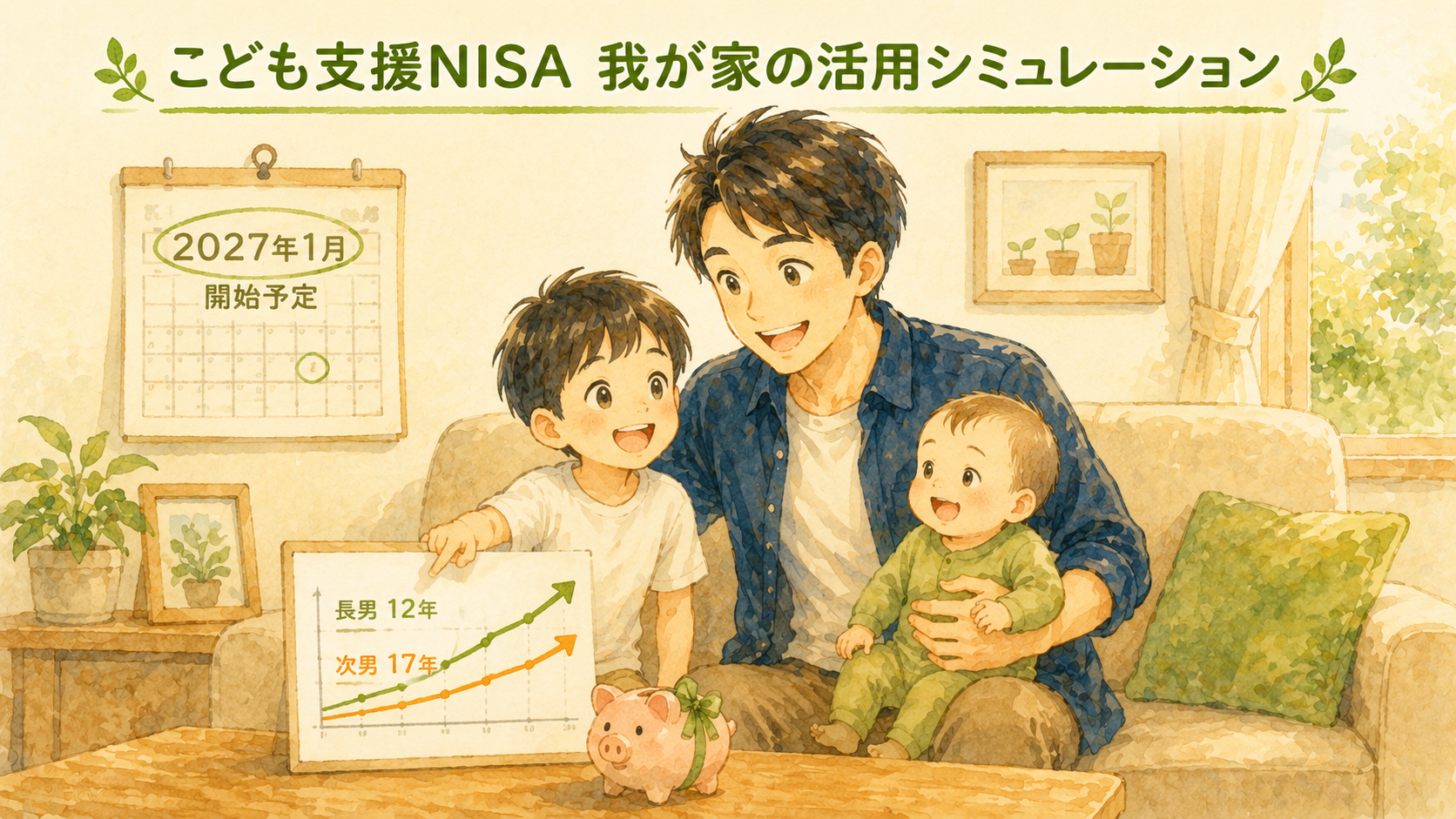 こども支援NISA 我が家の活用シミュレーション — 5歳長男と0歳次男を抱える父親と、長男12年・次男17年の積立成長チャート
