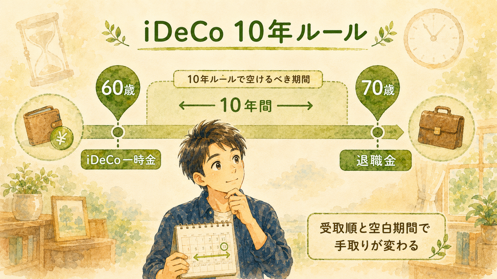 iDeCo 10年ルール — 60歳のiDeCo一時金から70歳の退職金まで10年間空けるべき期間を示したタイムライン