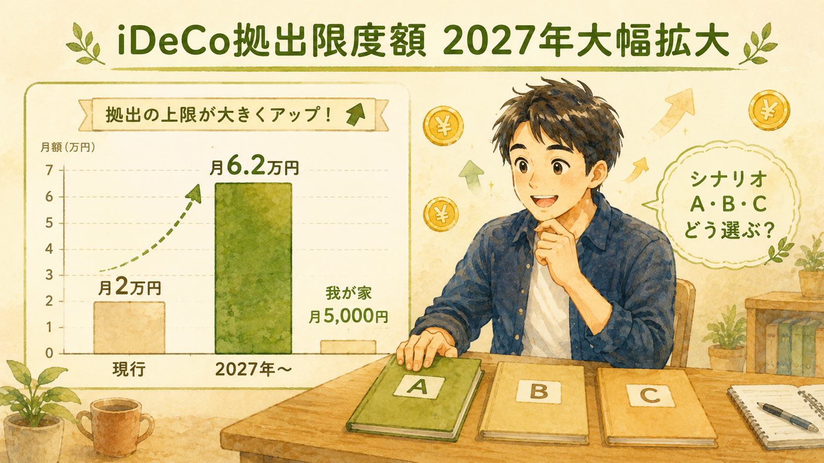 iDeCo拠出限度額 2027年大幅拡大 — 月2万円から月6.2万円への拡大グラフと我が家月5,000円の比較、シナリオA・B・Cの選択