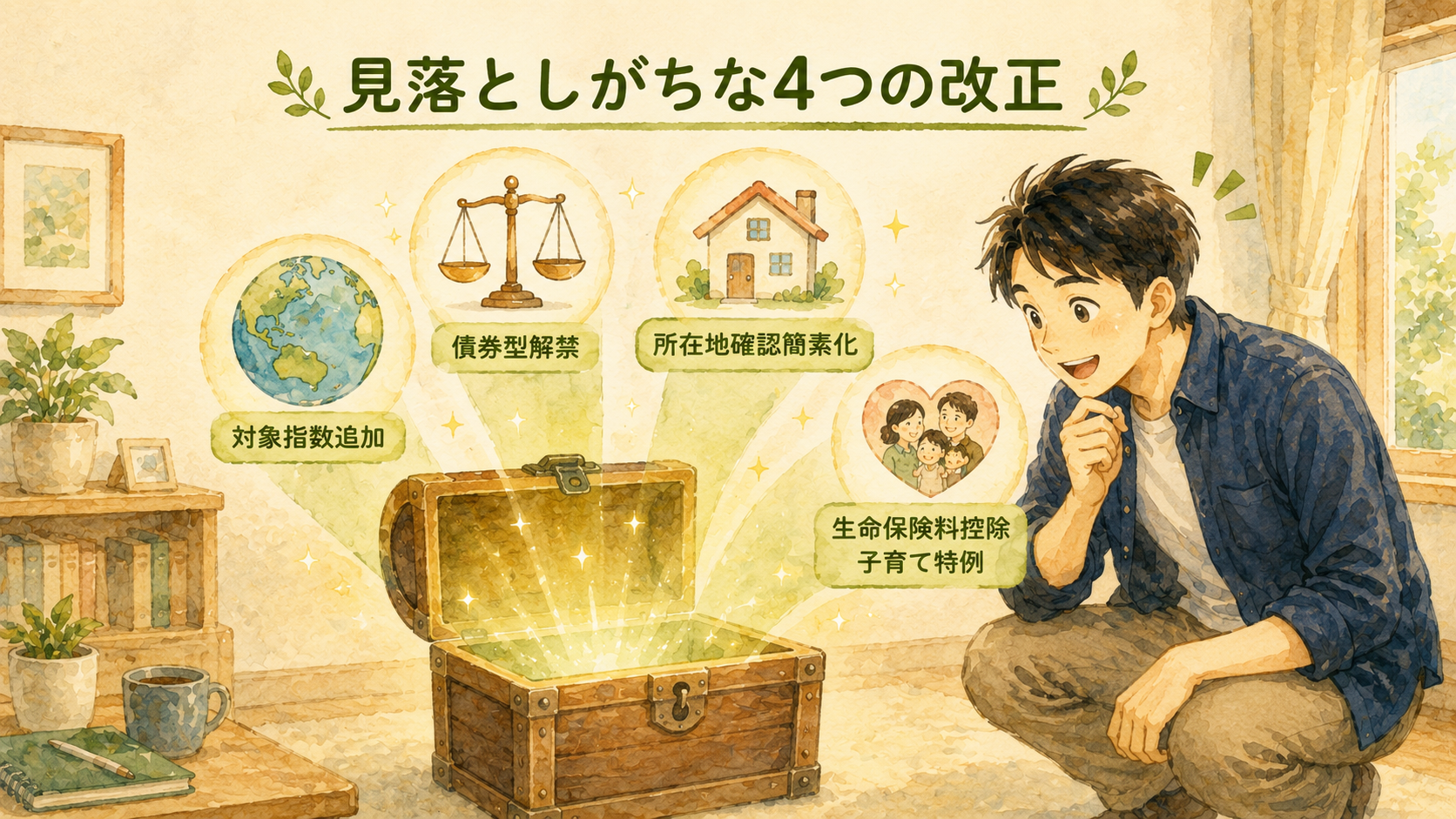 見落としがちな4つの改正 — 対象指数追加・債券型解禁・所在地確認簡素化・生命保険料控除子育て特例を宝箱から取り出すイメージ