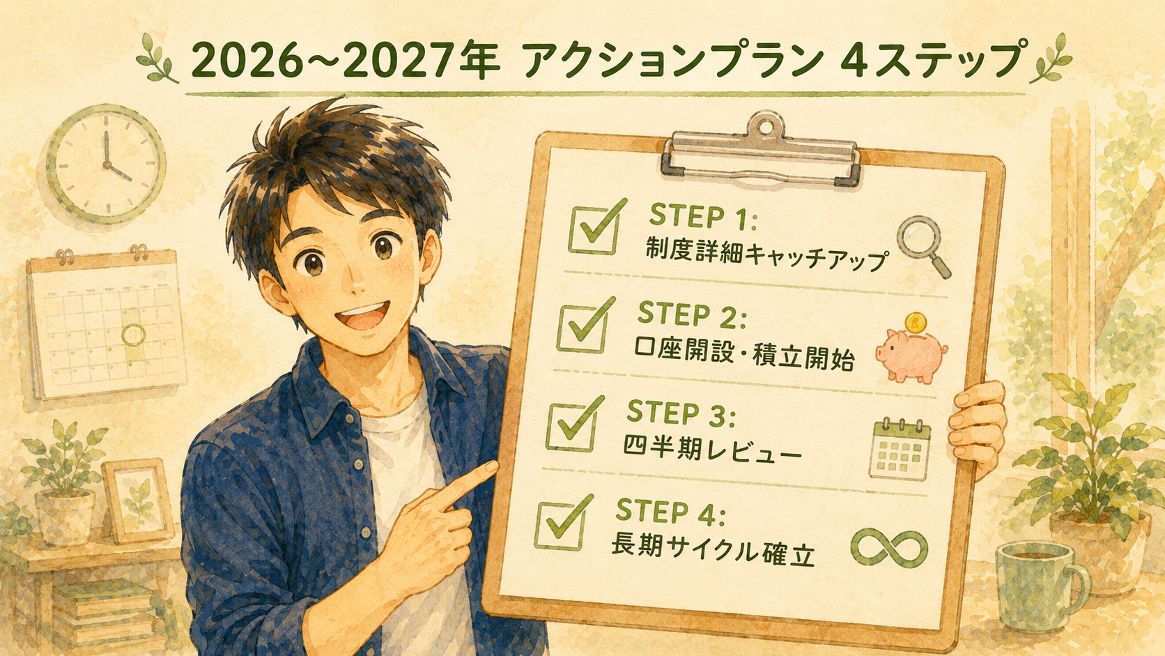 2026〜2027年 アクションプラン 4ステップ — 制度詳細キャッチアップ・口座開設積立開始・四半期レビュー・長期サイクル確立のチェックリスト