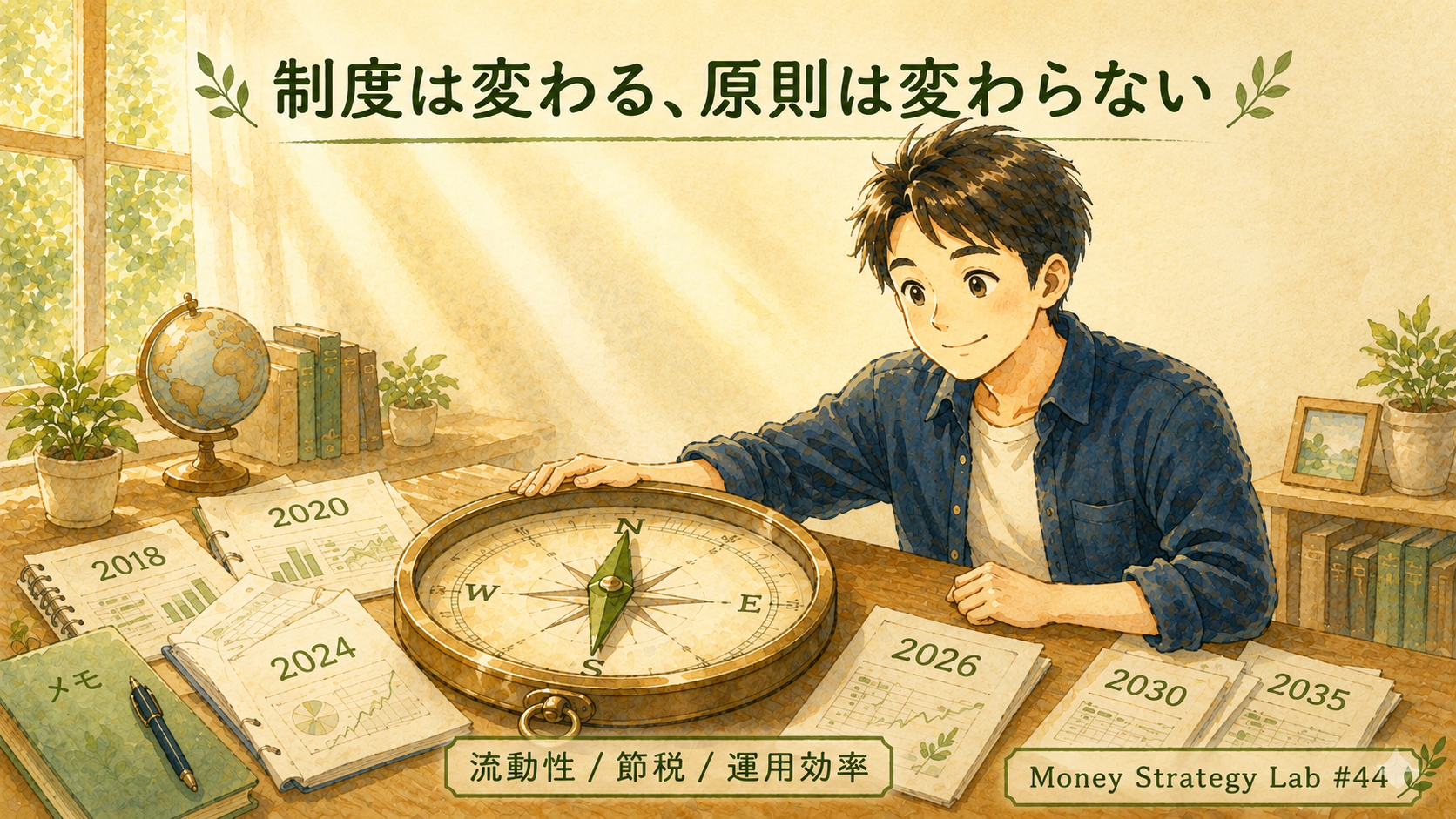 制度は変わる、原則は変わらない — 様々な年度のメモが並ぶ中で動かないコンパスの針が流動性・節税・運用効率の原則を示す