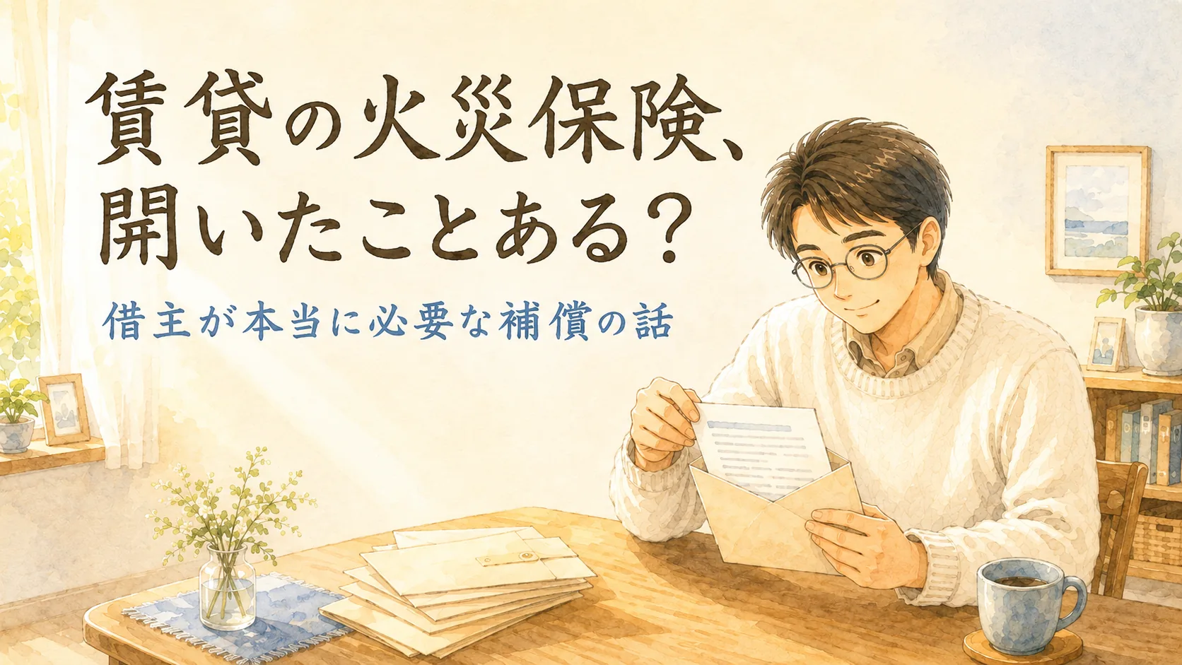 賃貸の火災保険の証券が入った封筒を開く様子