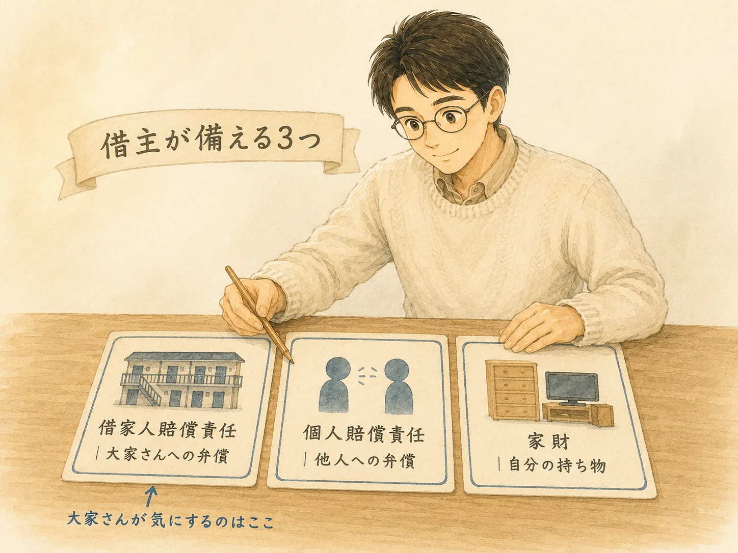 借家人賠償責任・個人賠償責任・家財の3つの補償が守る対象の図解