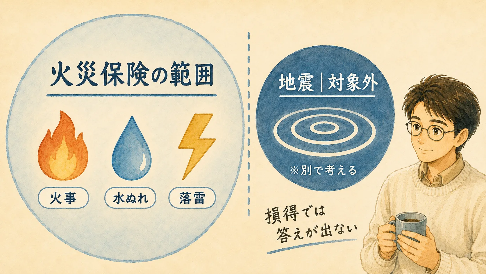 地震が火災保険の補償範囲の外にあることを示す図