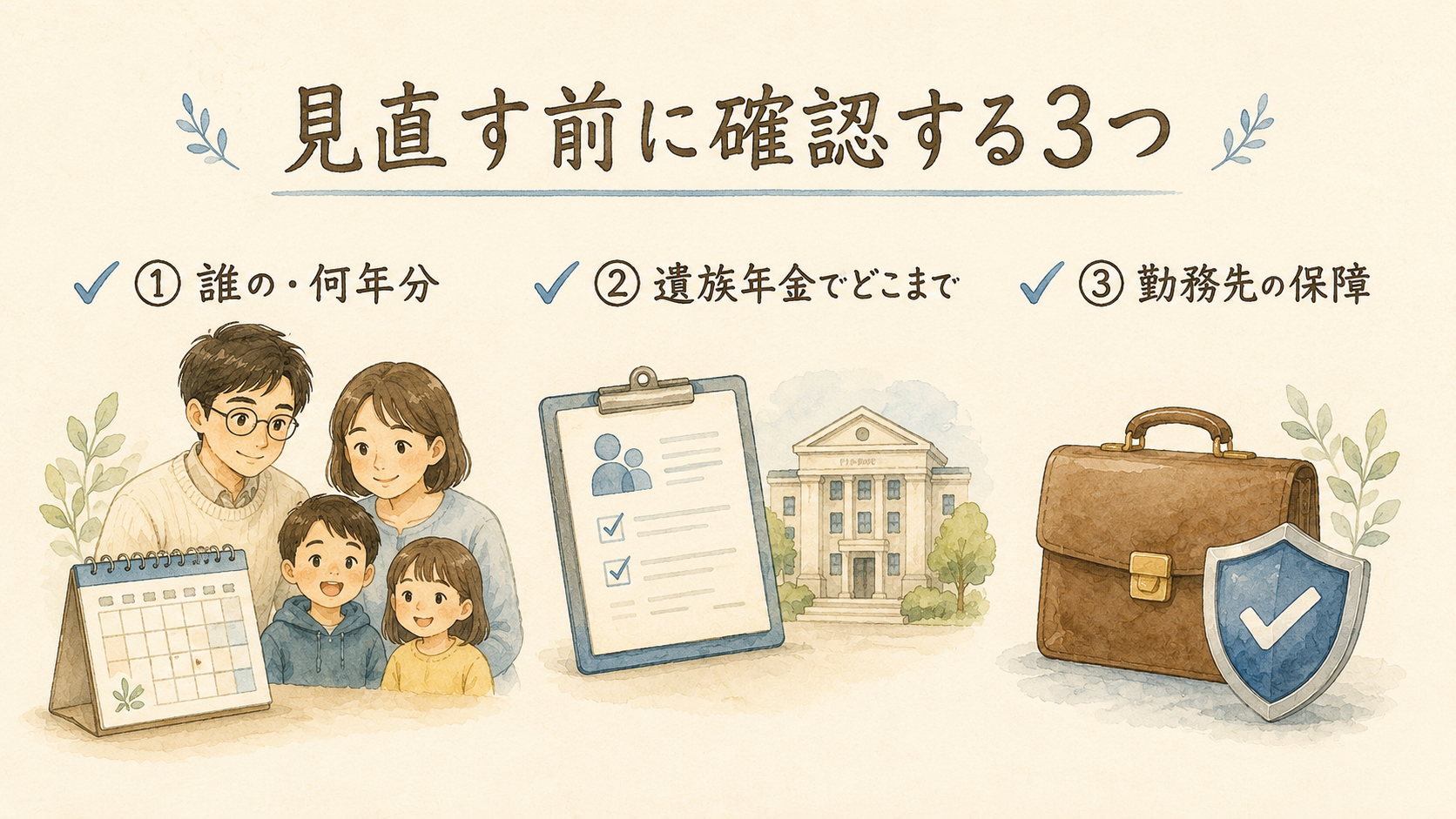 見直す前に確認する3つ 誰の何年分・遺族年金・勤務先の保障