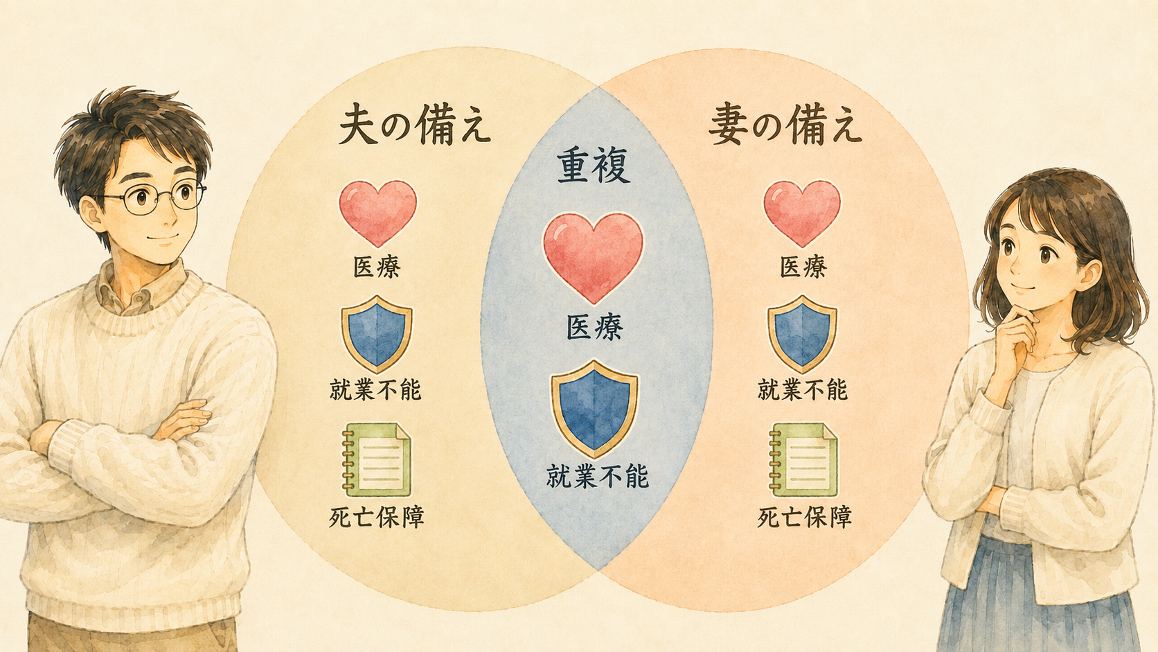 夫婦の備えが重複する図 医療と就業不能が二重