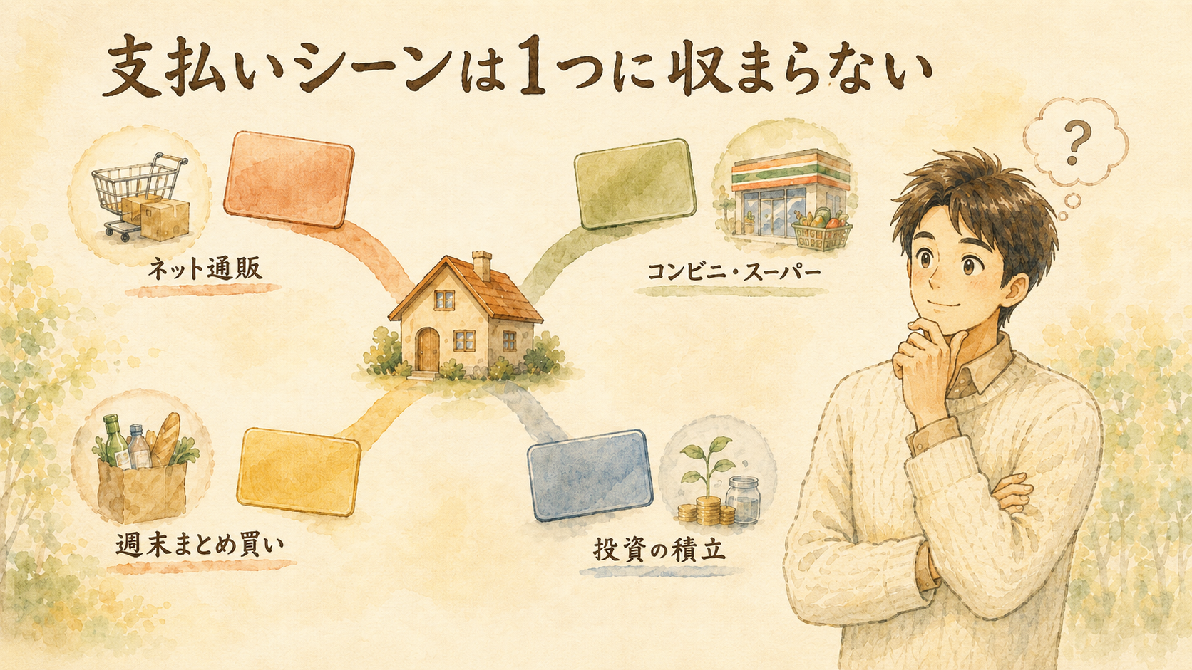 支払いシーンは1つに収まらない：ネット通販・コンビニ・週末まとめ買い・投資の積立に枝分かれする家計のイラスト