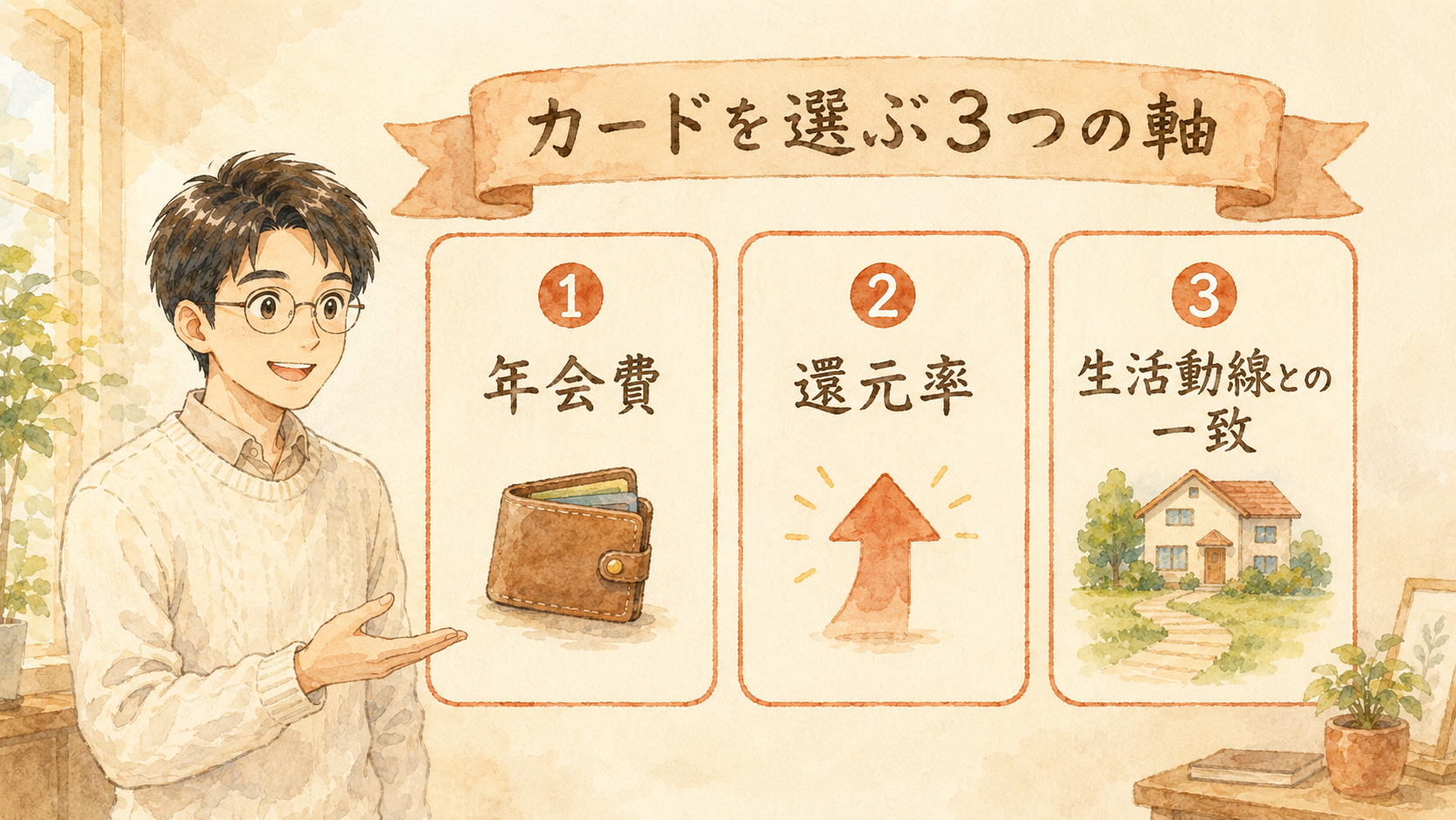 カードを選ぶ3つの軸：年会費・還元率・生活動線との一致を示すイラスト