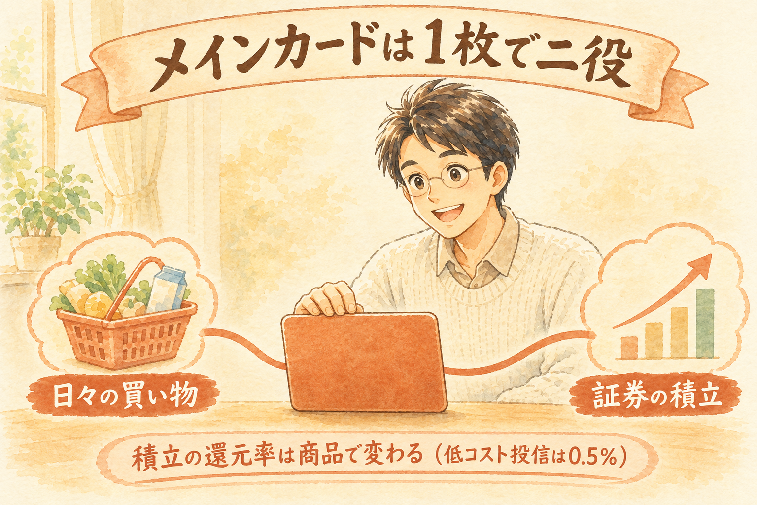 メインカードは1枚で二役：日々の買い物と証券の積立をカバーするイラスト